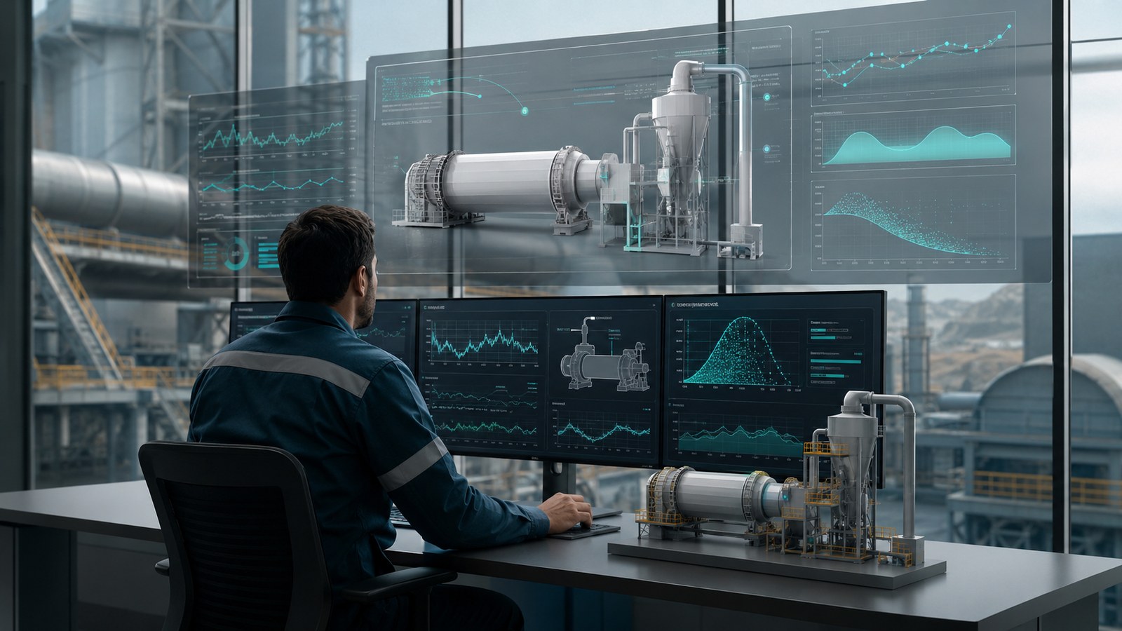 Ingeniero revisando señales de proceso e inteligencia artificial para optimizar un molino de cemento.