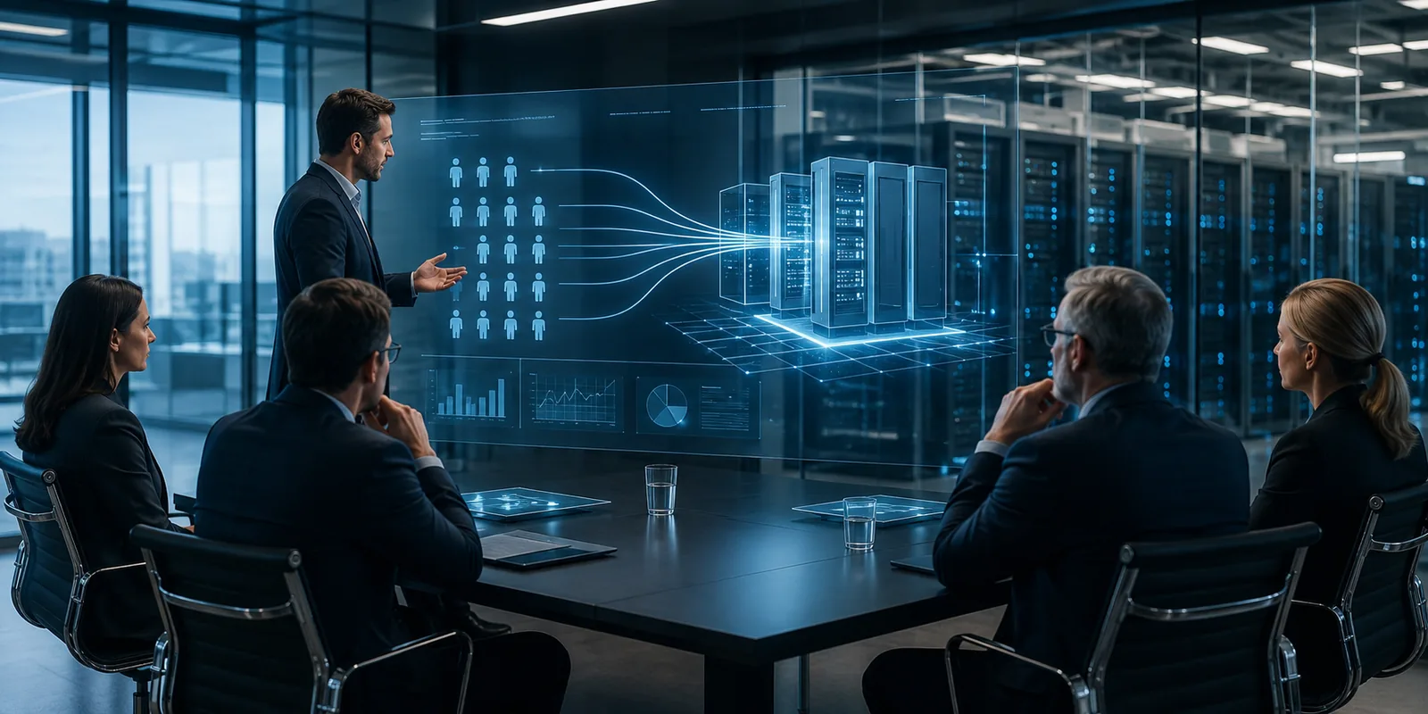Sala corporativa con paneles de datos y centro de datos al fondo como metáfora de reasignación de capital hacia infraestructura de IA