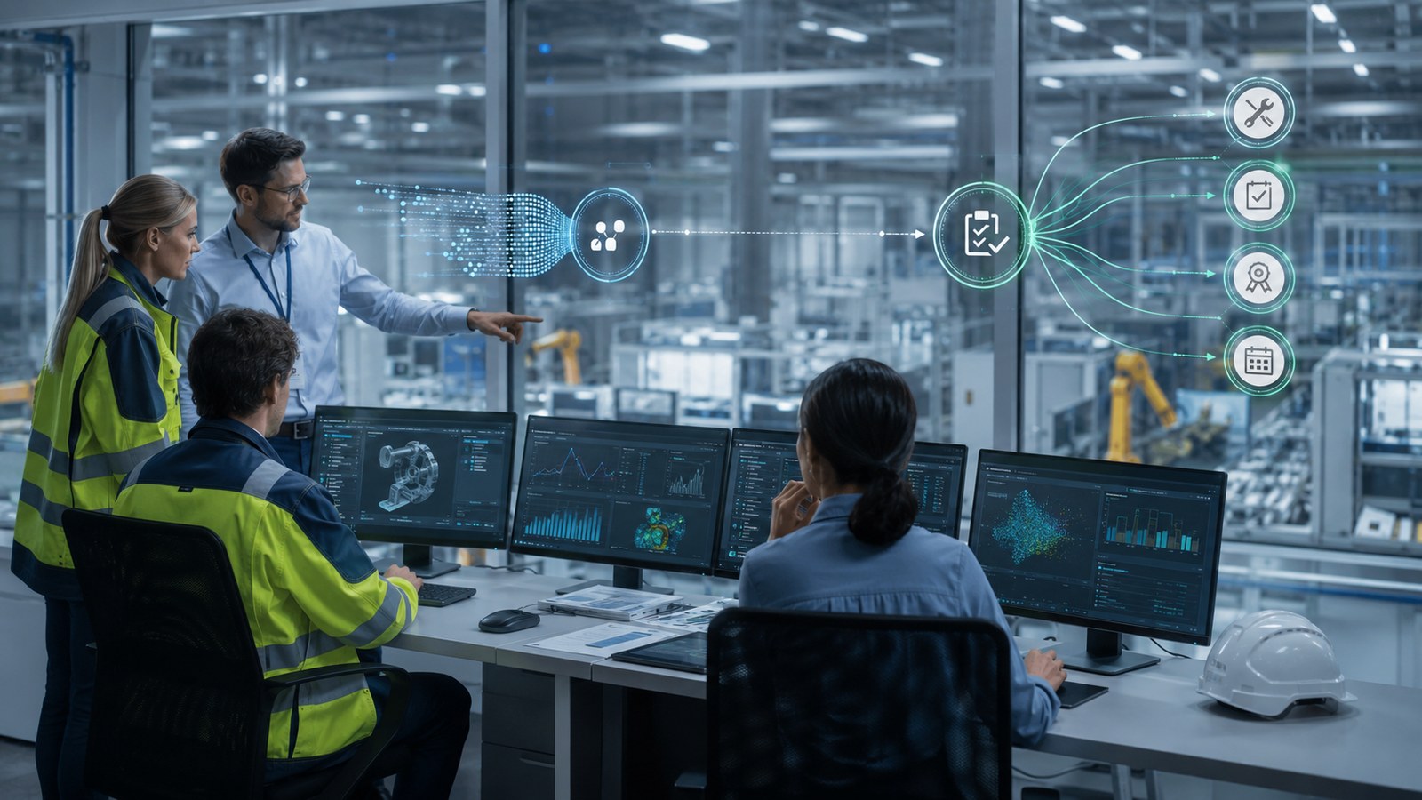 Equipo industrial revisando señales de inteligencia artificial para predicción y prescripción en una planta moderna