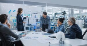 Equipo industrial evaluando posibles proyectos de inteligencia artificial con datos operativos y criterios de negocio