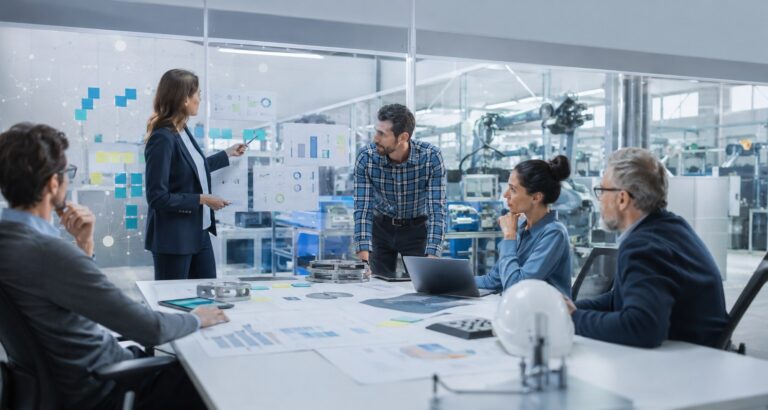 Equipo industrial evaluando posibles proyectos de inteligencia artificial con datos operativos y criterios de negocio