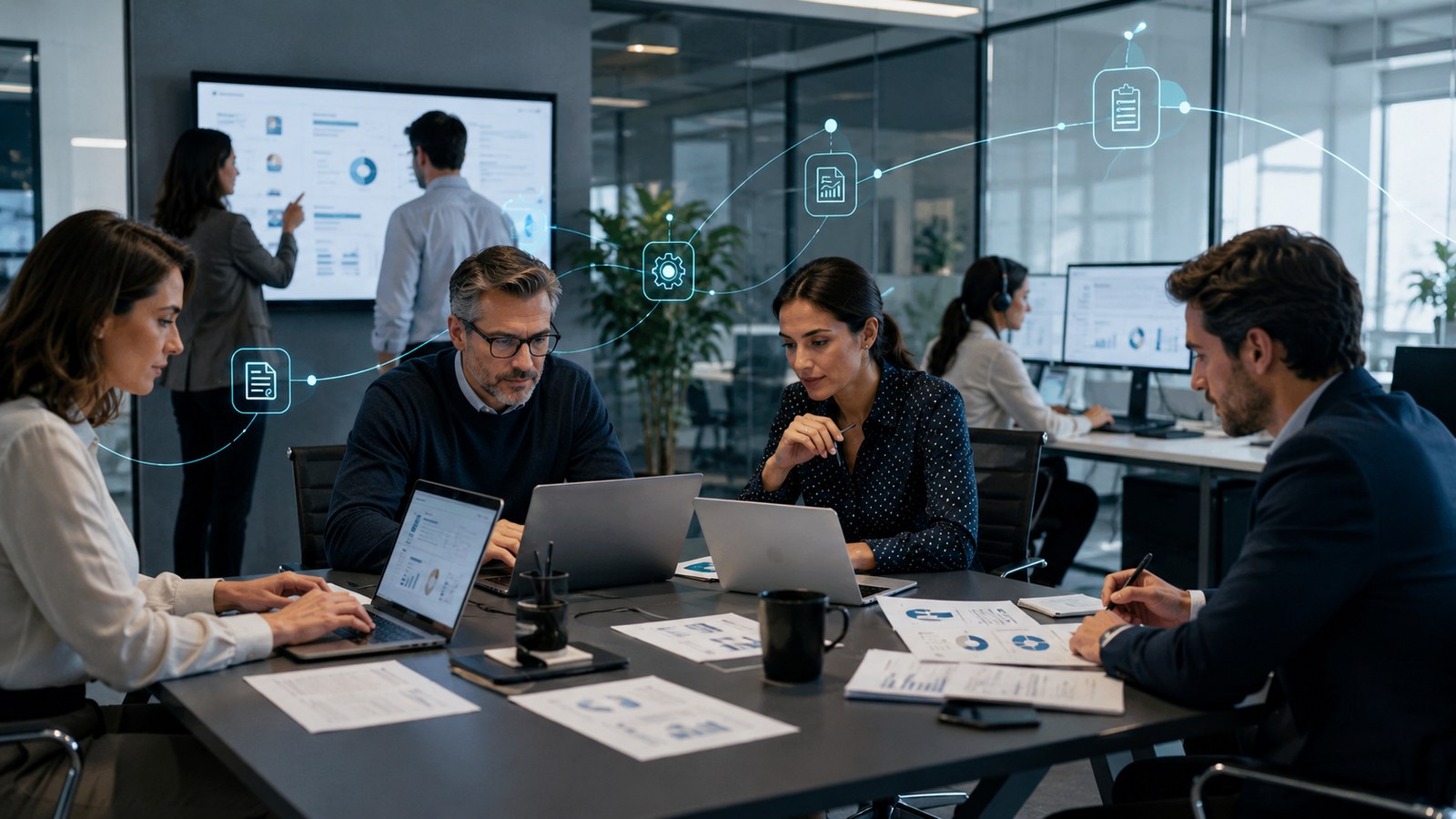 Equipo de empresa revisando automatizaciones con inteligencia artificial en administración, finanzas y operaciones