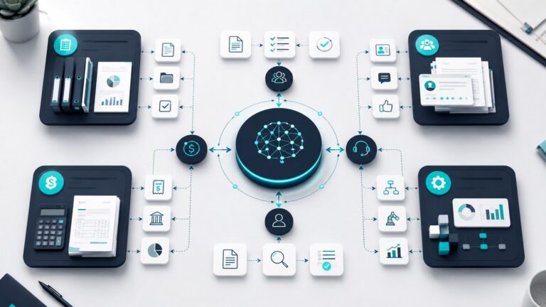 Mapa visual de automatizaciones con IA conectando administración, finanzas, clientes y operaciones