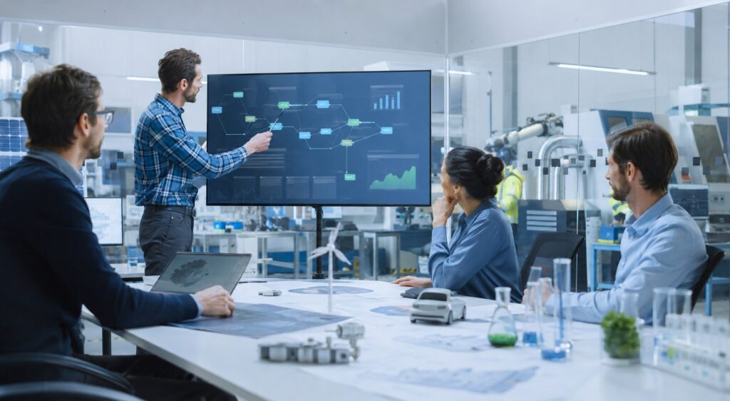 Equipo industrial revisando una hoja de ruta de innovación e I+D con datos de planta y prototipos tecnológicos
