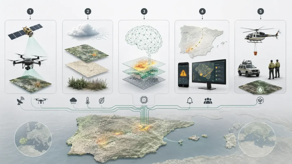Flujo de datos de satelites, drones, meteorologia y modelos de inteligencia artificial para gestionar incendios forestales