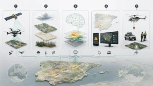 Flujo de datos de satelites, drones, meteorologia y modelos de inteligencia artificial para gestionar incendios forestales