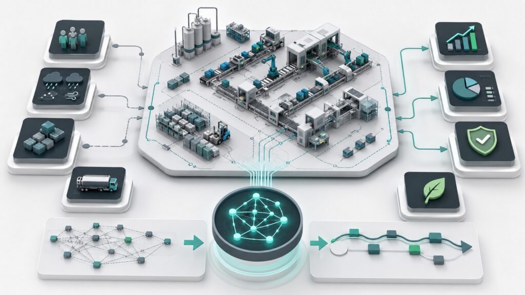 Esquema visual de una fábrica conectada con modelos de optimización, restricciones operativas e indicadores de coste.