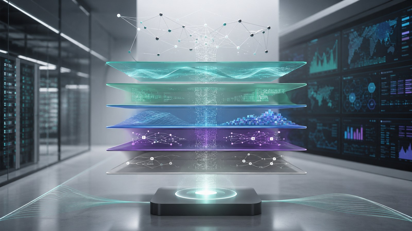 Representación editorial de una arquitectura de modelos de frontera de inteligencia artificial con capas de razonamiento, visión, lenguaje y agentes.