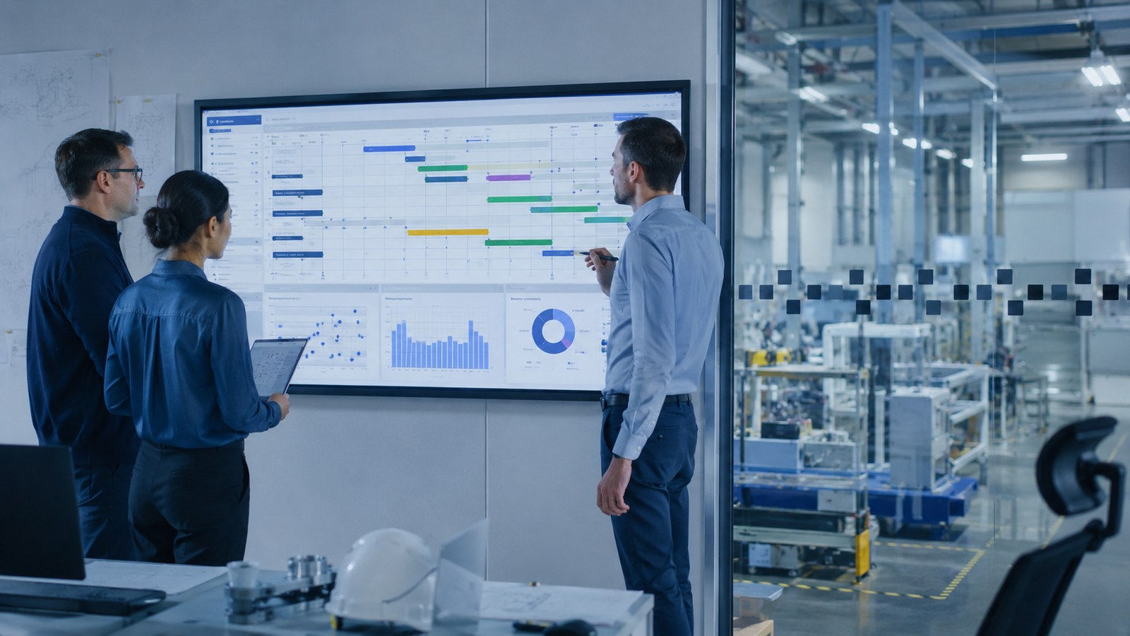 Equipo de operaciones revisando un planning industrial optimizado frente a una pantalla de programación en una planta moderna.
