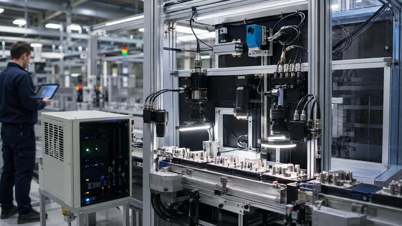 Celda industrial de vision artificial con multiples camaras, iluminacion controlada y edge computing en linea de inspeccion