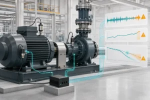 Motor y bomba industriales conectados a sensores de condición y gráficos de análisis predictivo