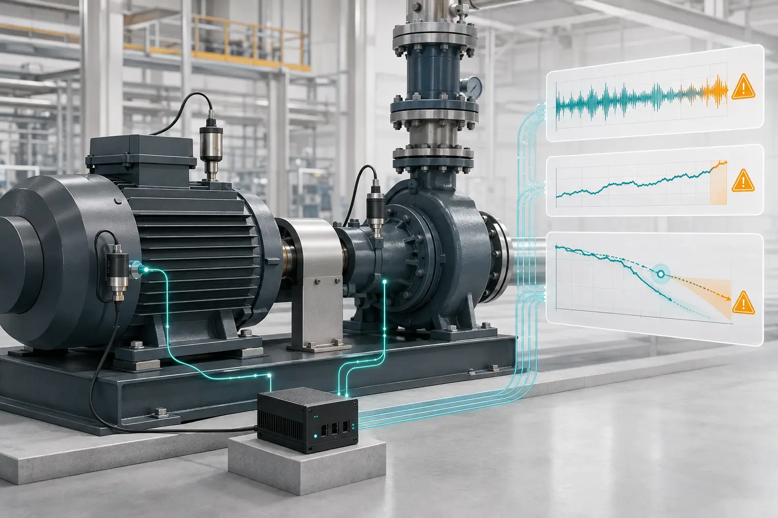 Motor y bomba industriales conectados a sensores de condición y gráficos de análisis predictivo
