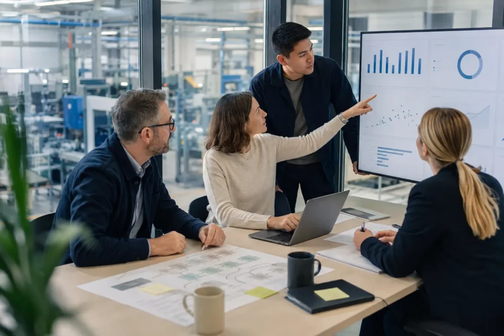 Equipo de operaciones, datos y dirección revisando gráficos para plantear un primer proyecto de inteligencia artificial tras las vacaciones