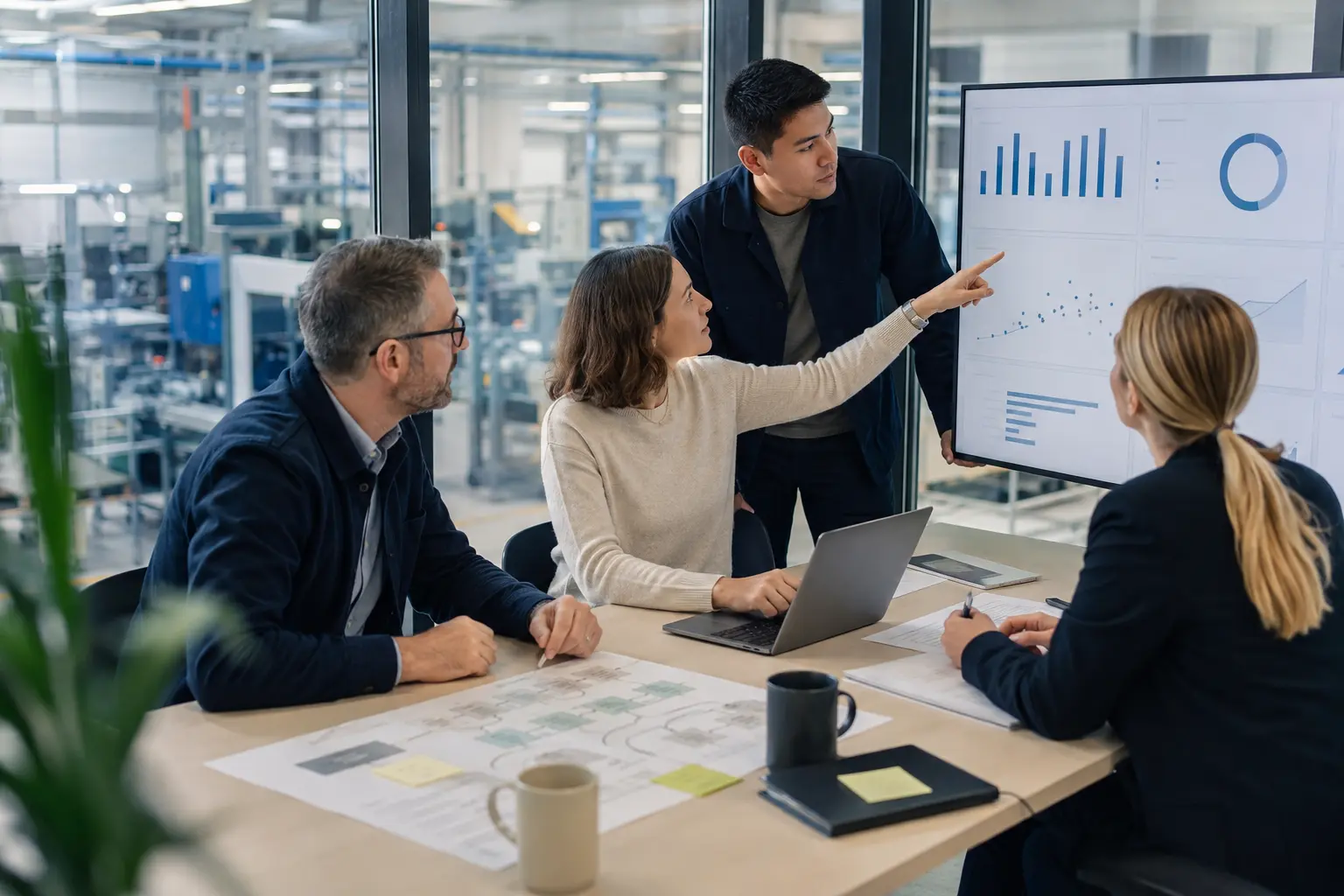 Equipo de operaciones, datos y dirección revisando gráficos para plantear un primer proyecto de inteligencia artificial tras las vacaciones