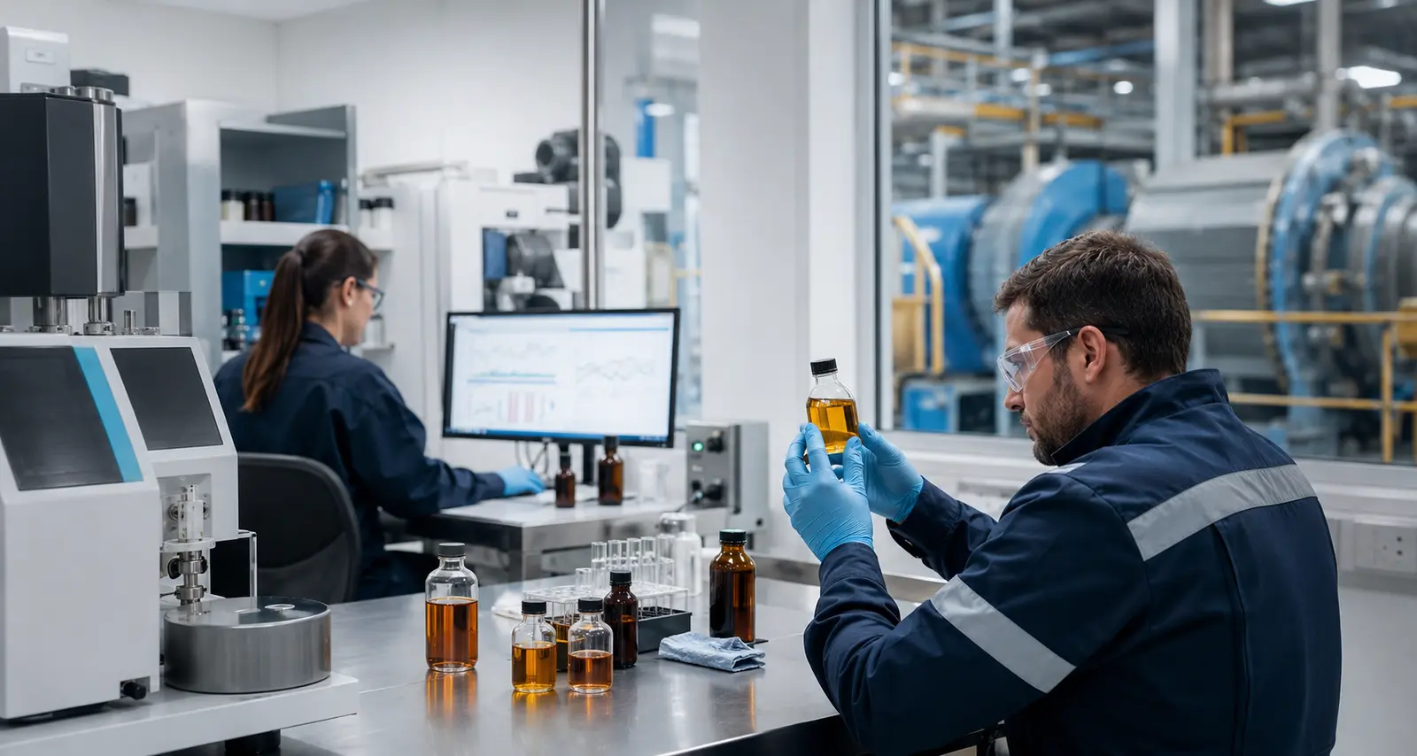 Especialistas revisan muestras de lubricante industrial y tendencias de condición junto a equipos de planta