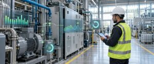 Especialista industrial analizando consumos y anomalías durante una auditoría energética con inteligencia artificial