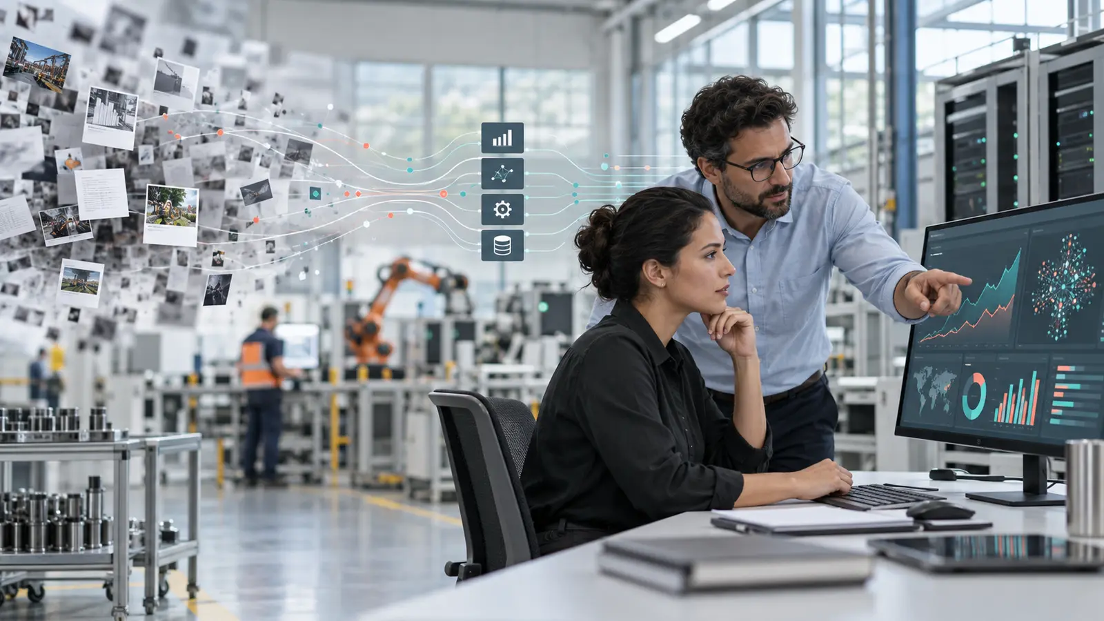 Equipo de datos analizando señales de big data e inteligencia artificial en un entorno industrial