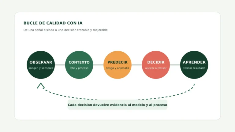 Diagrama del bucle de calidad alimentaria con IA: observar, contextualizar, predecir, decidir y aprender