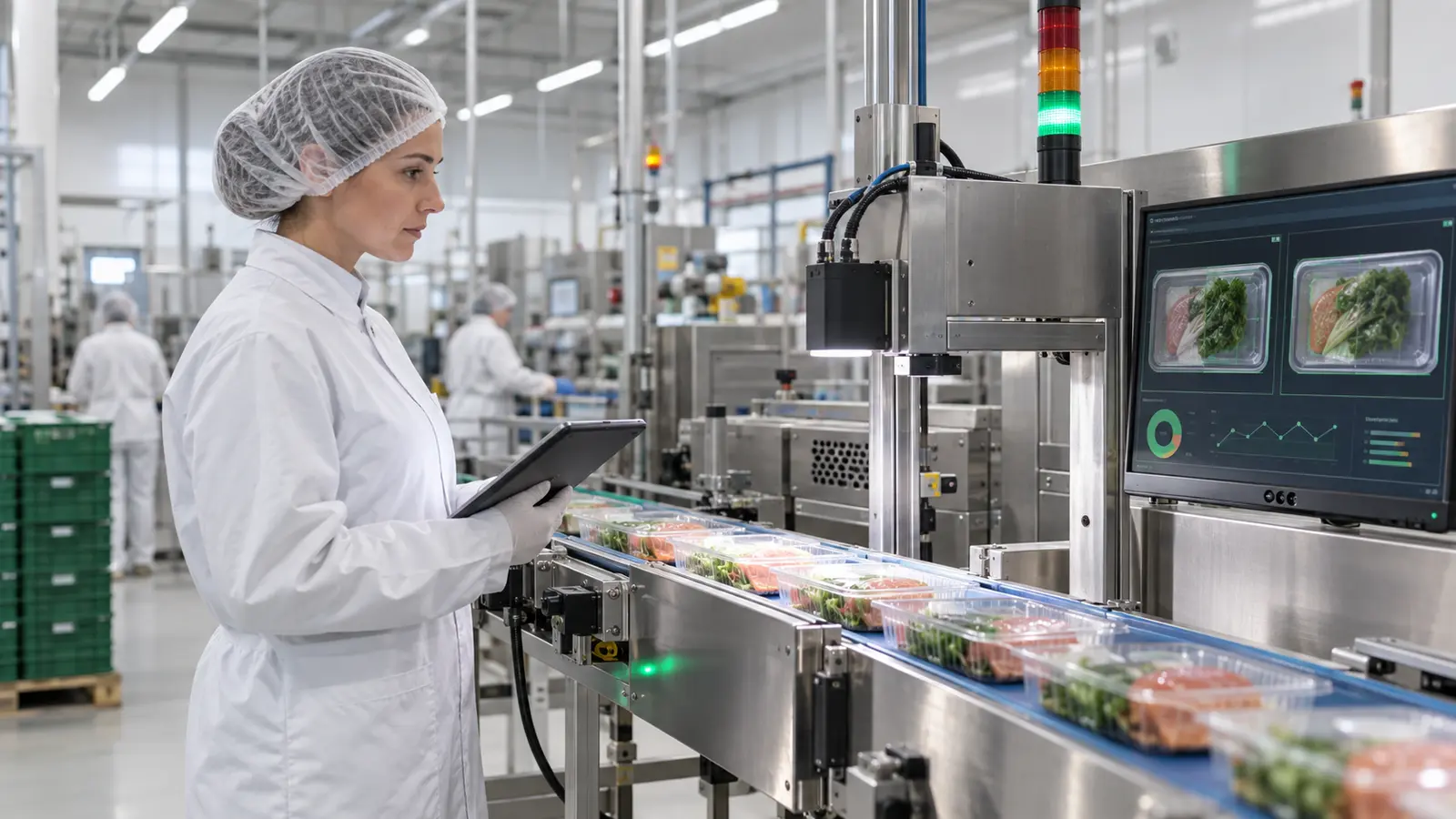 Especialista de calidad supervisando una línea alimentaria con inspección mediante inteligencia artificial