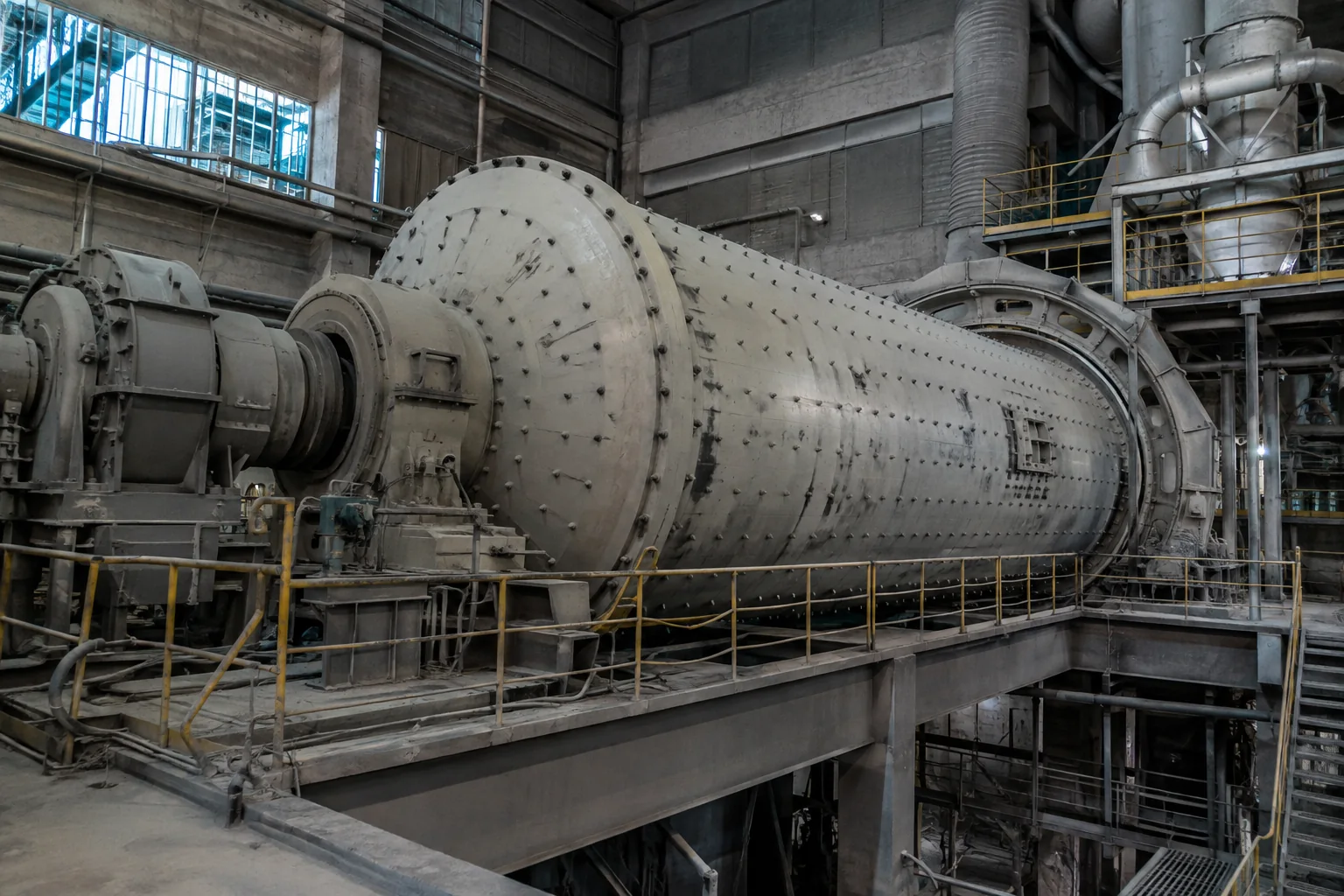 Molino de bolas industrial en una planta de cemento