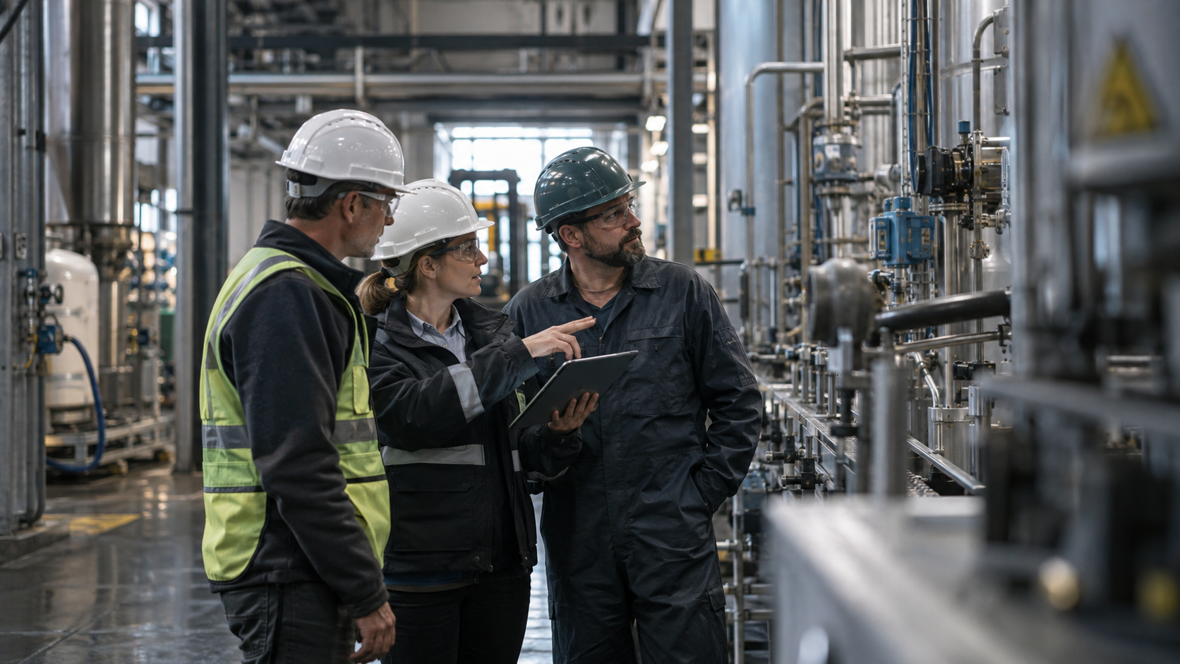 Equipo multidisciplinar analizando un proceso industrial en planta
