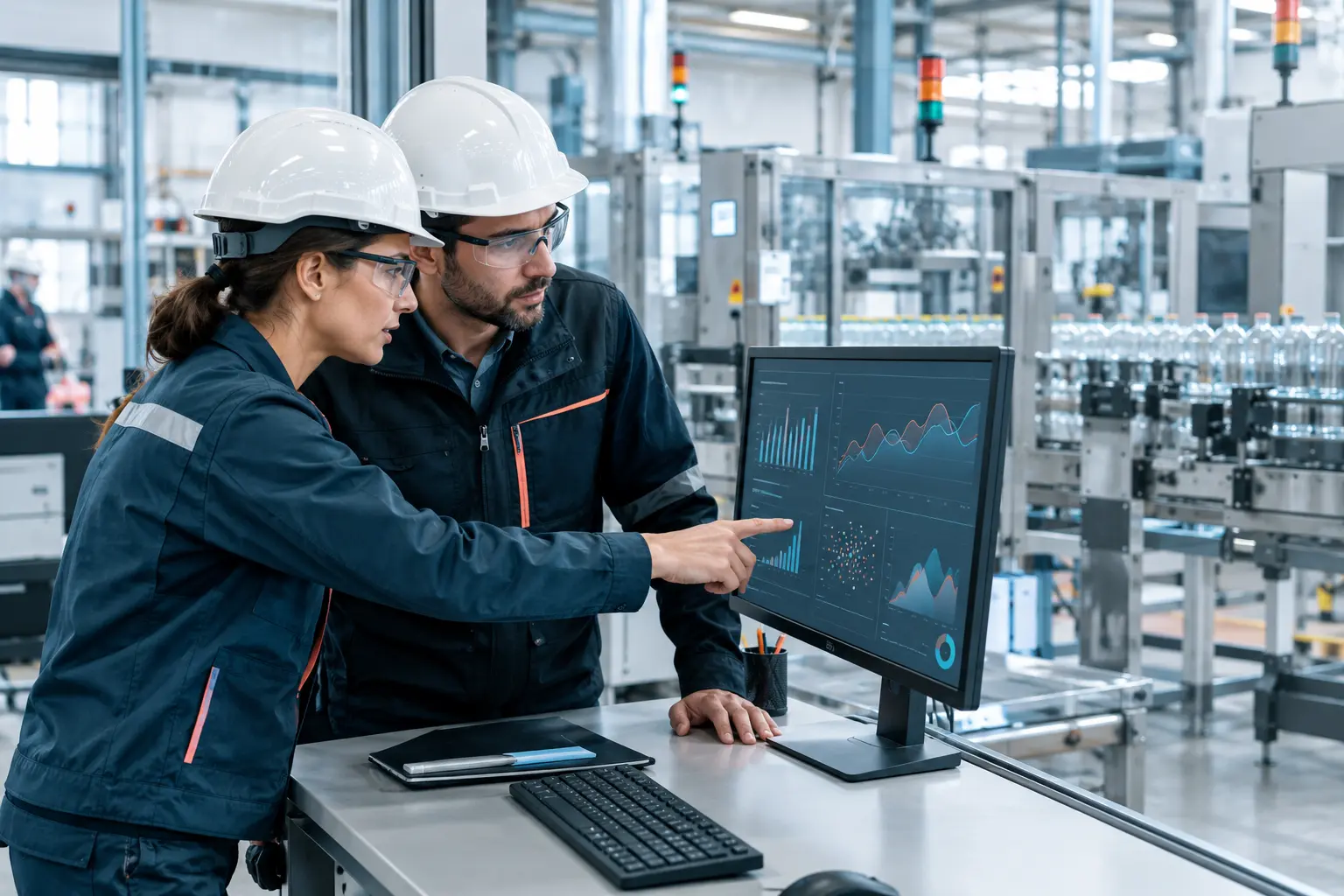 Ingeniera de procesos y analista revisando gráficos de datos en una planta industrial