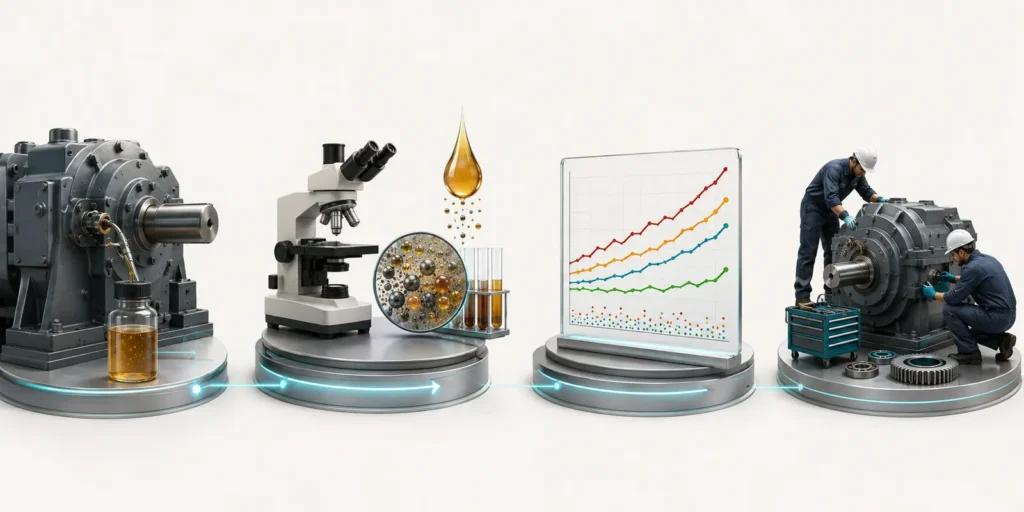 Flujo visual desde el muestreo de un reductor hasta el laboratorio, la tendencia de resultados y la intervención de mantenimiento