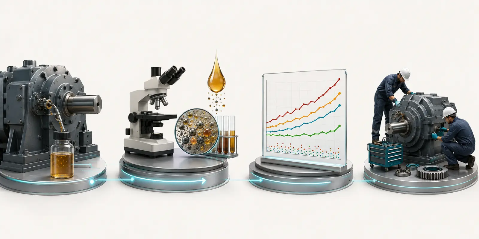 Flujo visual desde el muestreo de un reductor hasta el laboratorio, la tendencia de resultados y la intervención de mantenimiento