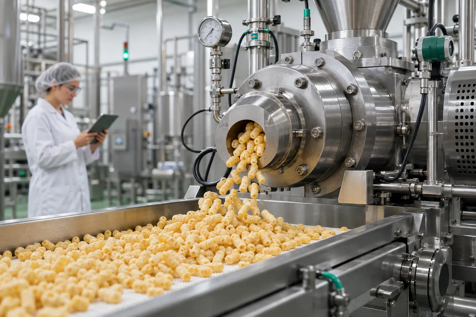 Extrusora alimentaria produciendo snacks de cereal con sensores de proceso y supervisión técnica