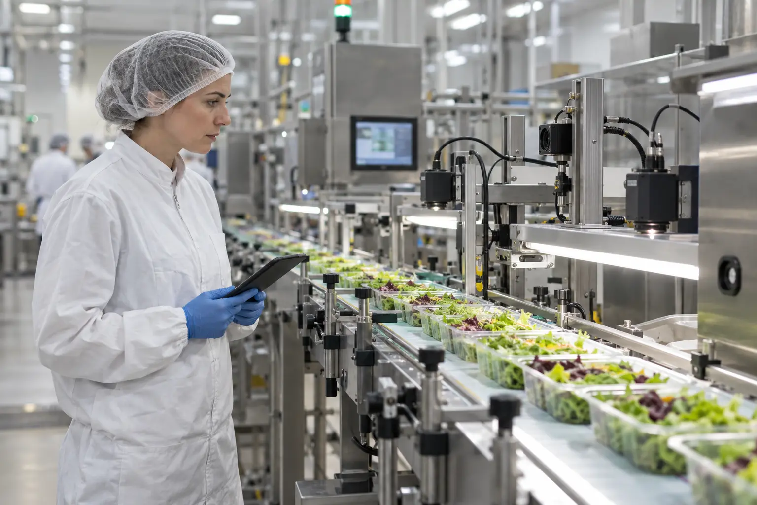 Responsable de calidad supervisando una línea alimentaria con cámaras y sensores para análisis mediante inteligencia artificial