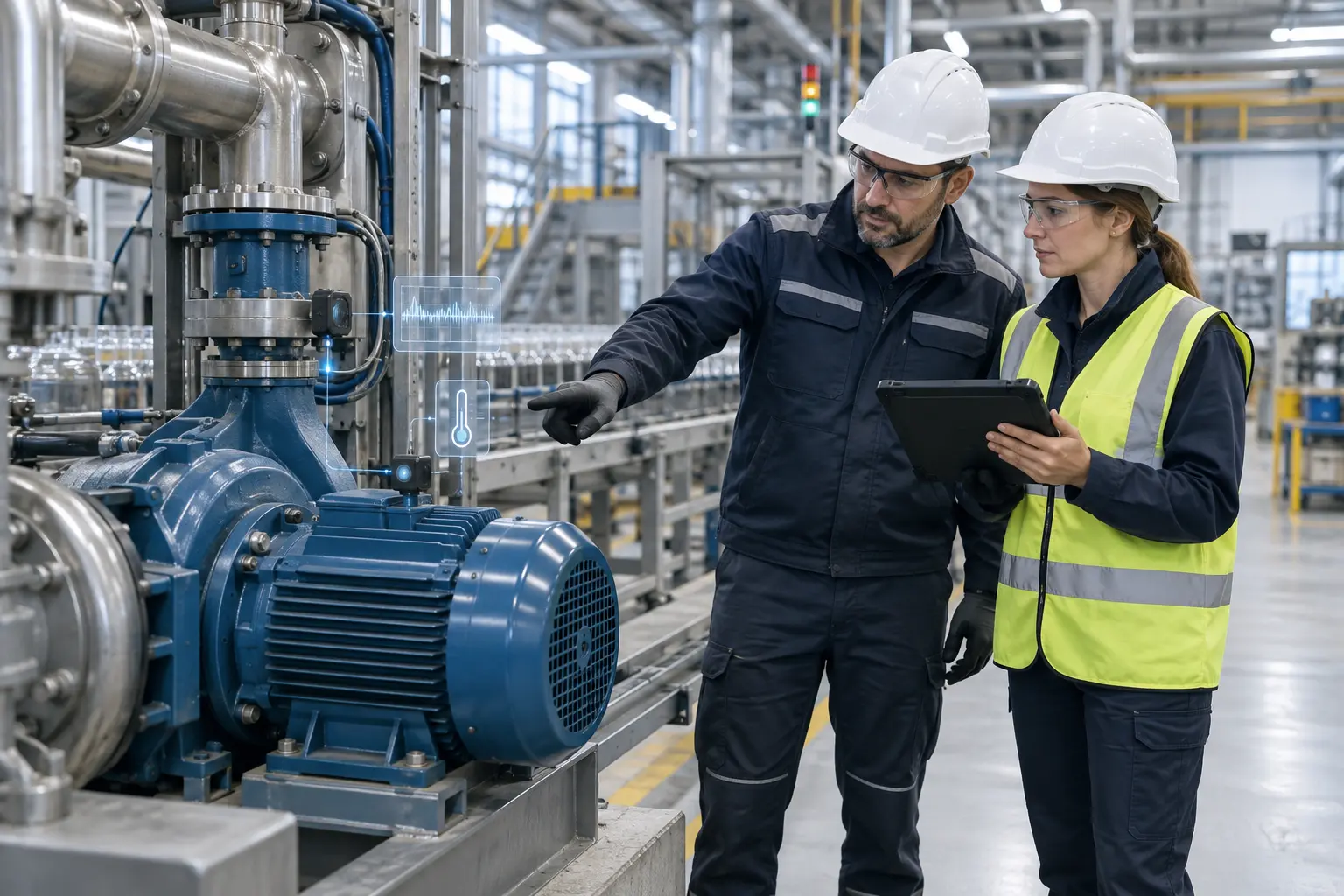 Equipo de mantenimiento y operaciones revisando con IA el estado de un motor industrial