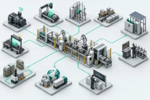 Mapa visual de diez proyectos de inteligencia artificial conectados con una línea de producción