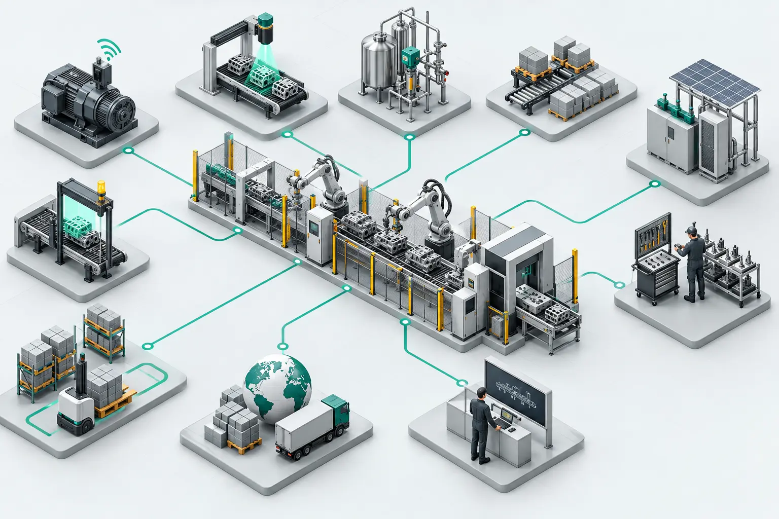 Mapa visual de diez proyectos de inteligencia artificial conectados con una línea de producción