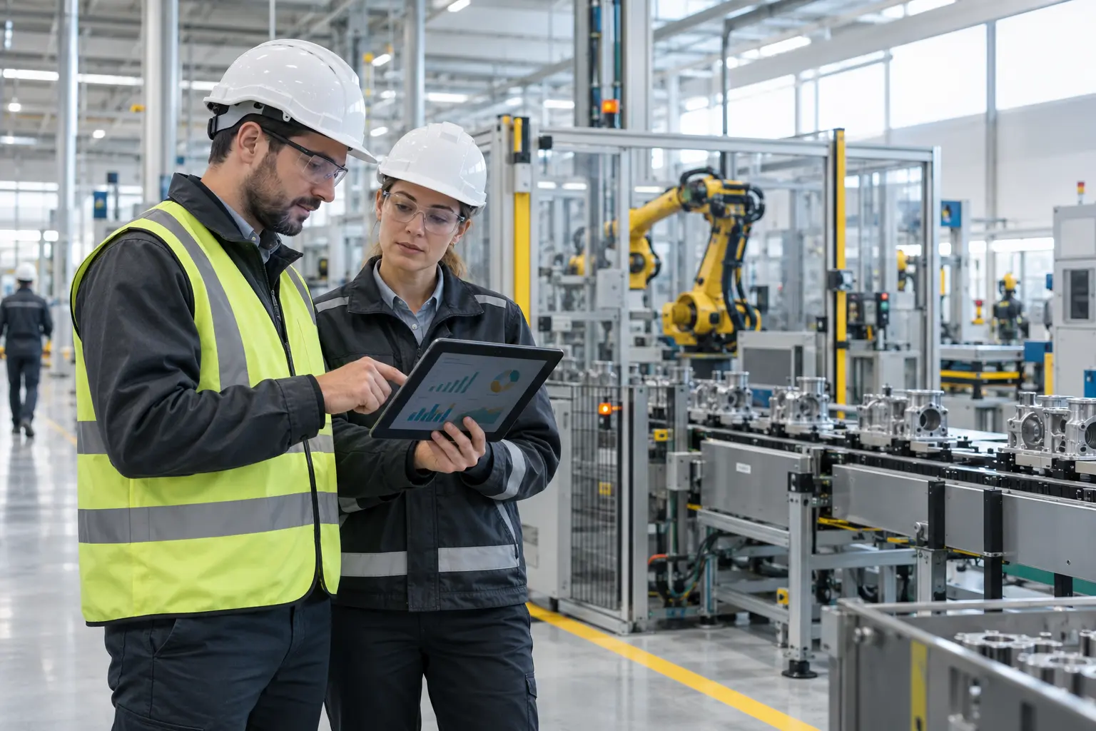 Responsables de operaciones analizando datos de productividad junto a una línea industrial automatizada