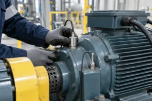 Técnico instalando sensores de vibración y temperatura en un motor para mantenimiento predictivo