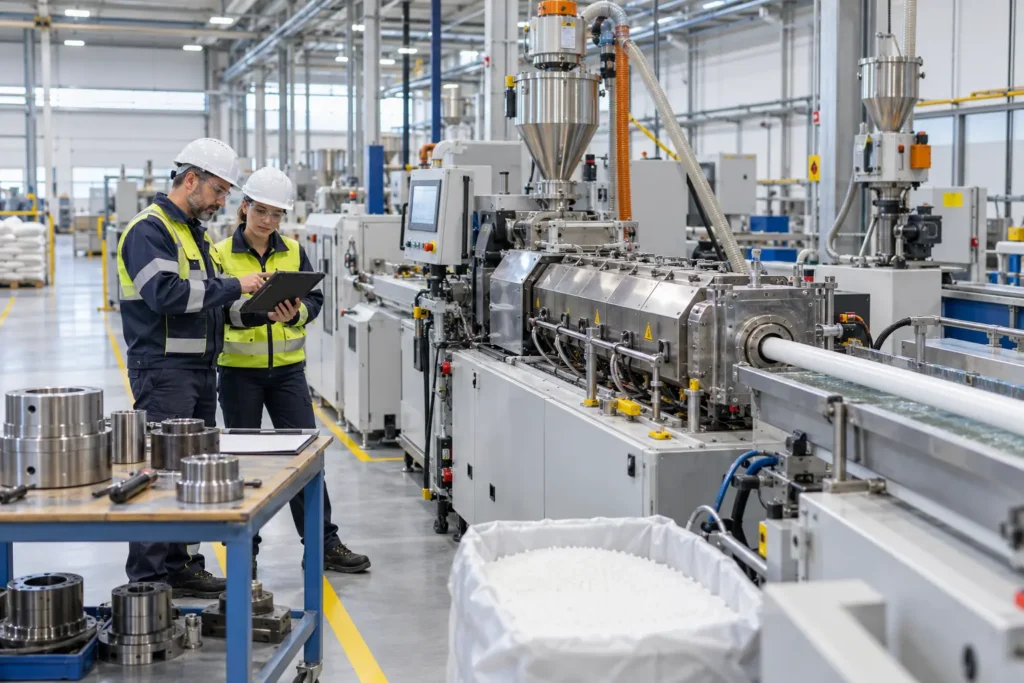 Técnicos revisando datos durante un cambio de referencia en una línea de extrusión de plástico