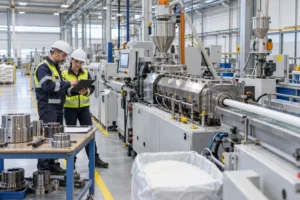 Técnicos revisando datos durante un cambio de referencia en una línea de extrusión de plástico