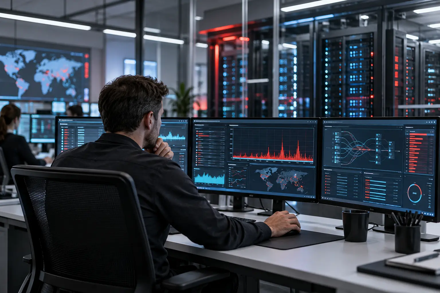 Equipo de ciberseguridad monitorizando servidores web ante una alerta crítica de PHP